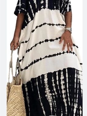 Black & White Tie-Dye Maxi Dress - Casual Women’s Caftan Dress